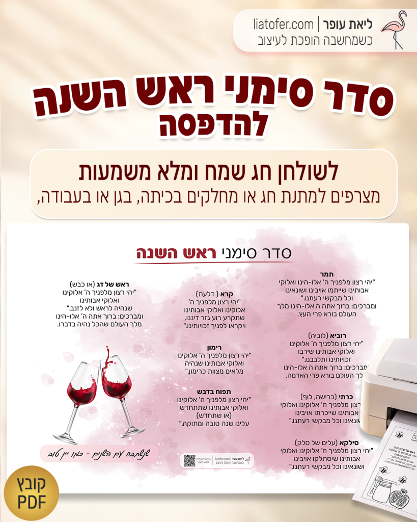 סדר סימני ראש השנה להדפסה בעיצוב יין