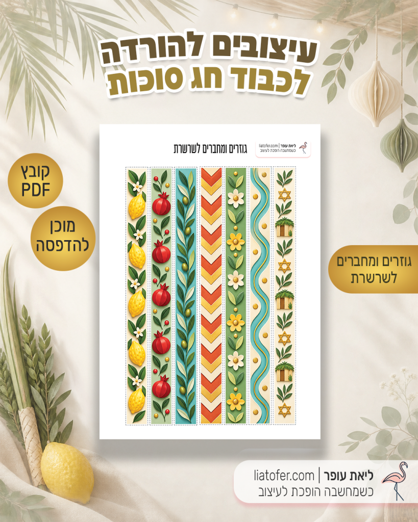 שרשרת לסוכה להדפסה – תצוגת דף רצועות צבעוניות לגזירה ולחיבור לקישוט לסוכות