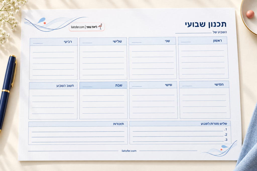 Hebrew weekly planner on ivory desk