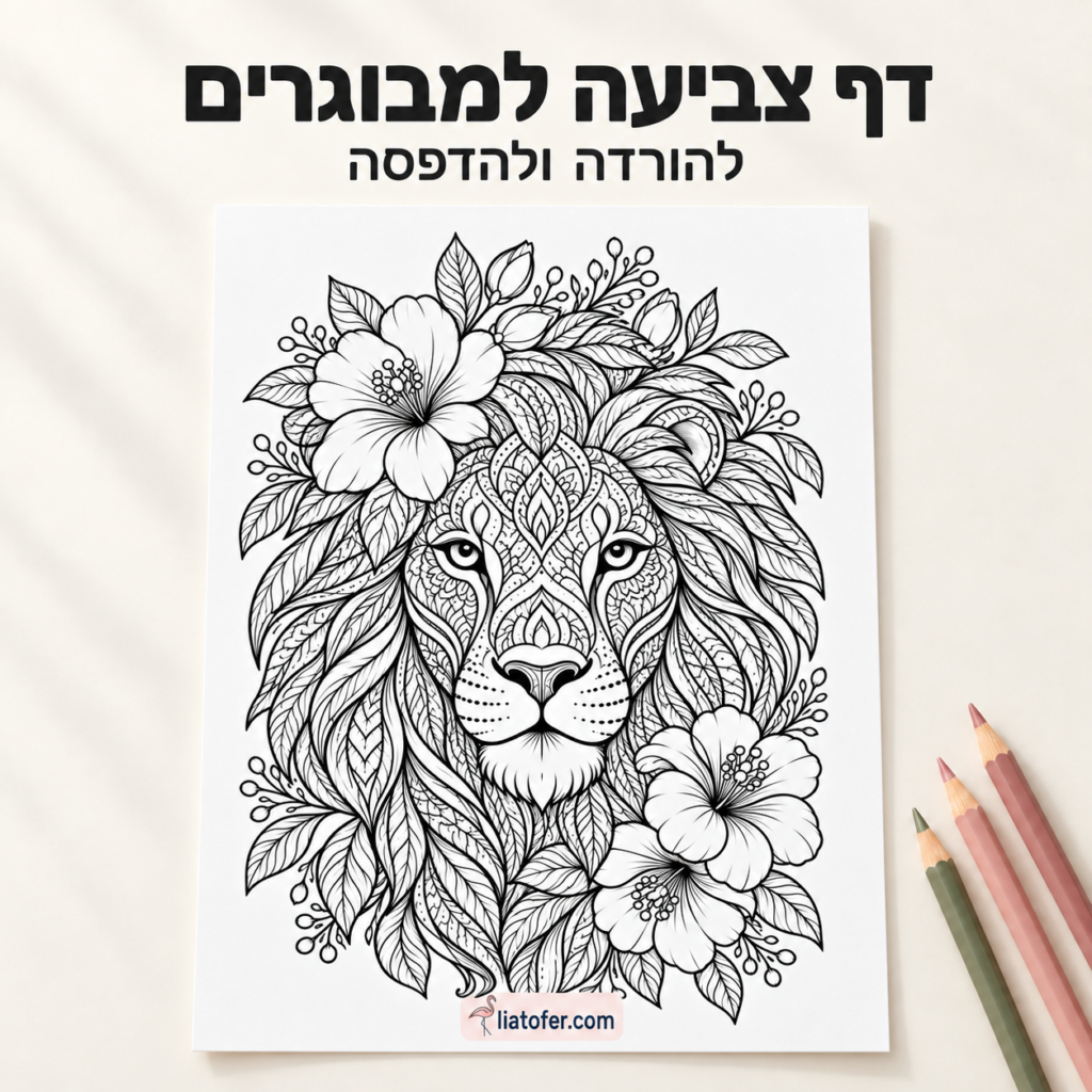 Lion Coloring Page in Hebrew