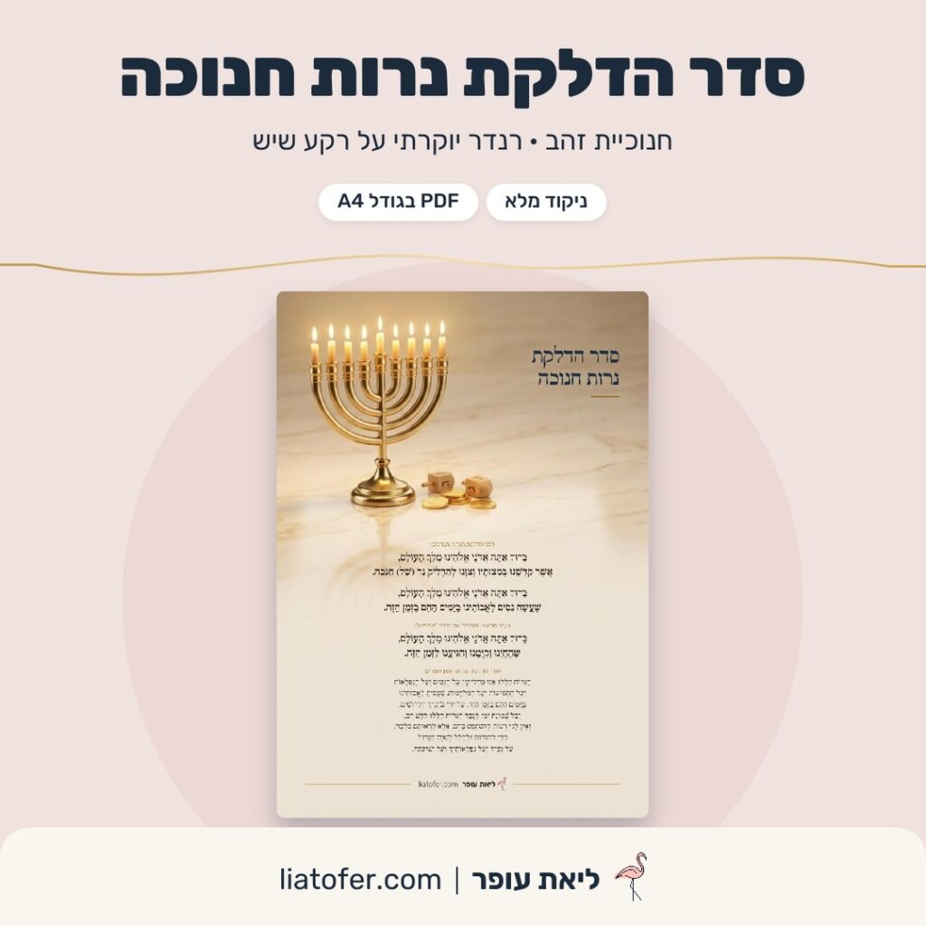 סדר הדלקת נרות חנוכה להדפסה בעיצוב חנוכיית זהב